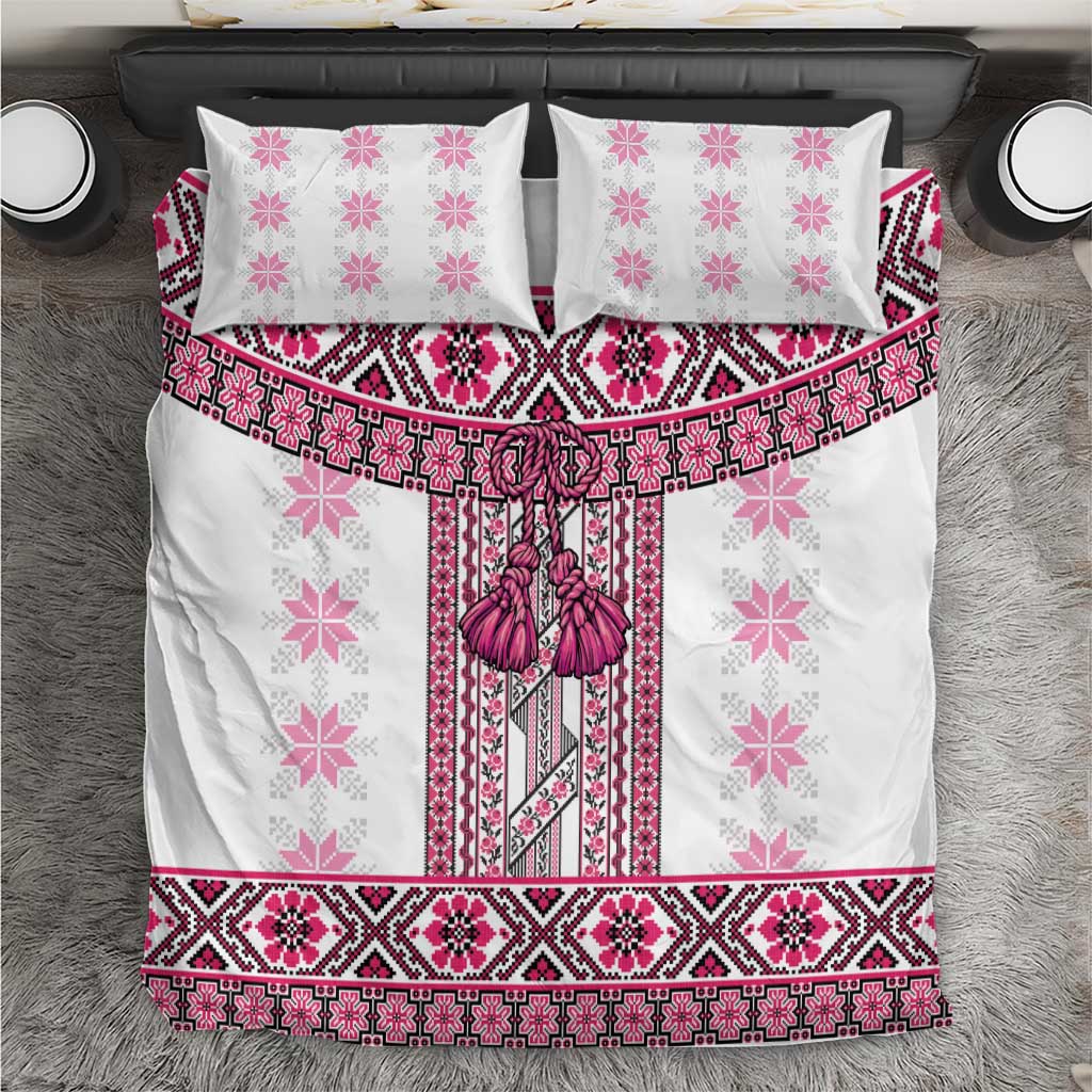 Ukraine Bedding Set Traditional Braided Rope Belt Pink Folk Pattern