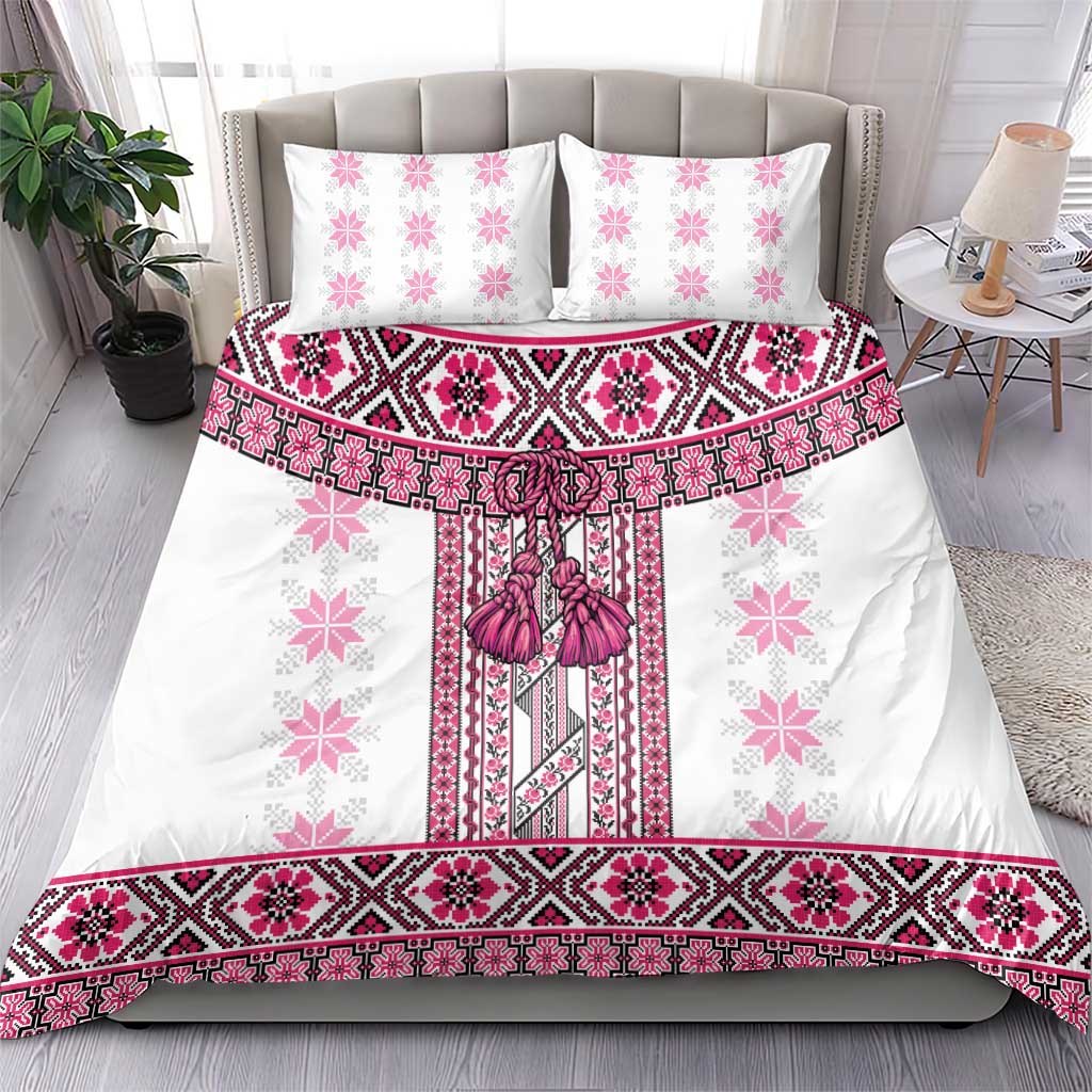 Ukraine Bedding Set Traditional Braided Rope Belt Pink Folk Pattern
