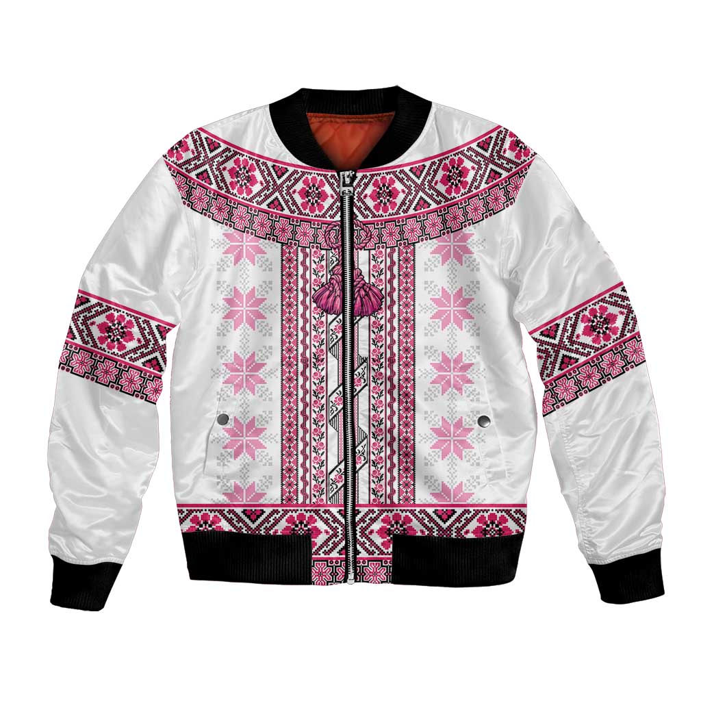Ukraine Bomber Jacket Traditional Braided Rope Belt Pink Folk Pattern