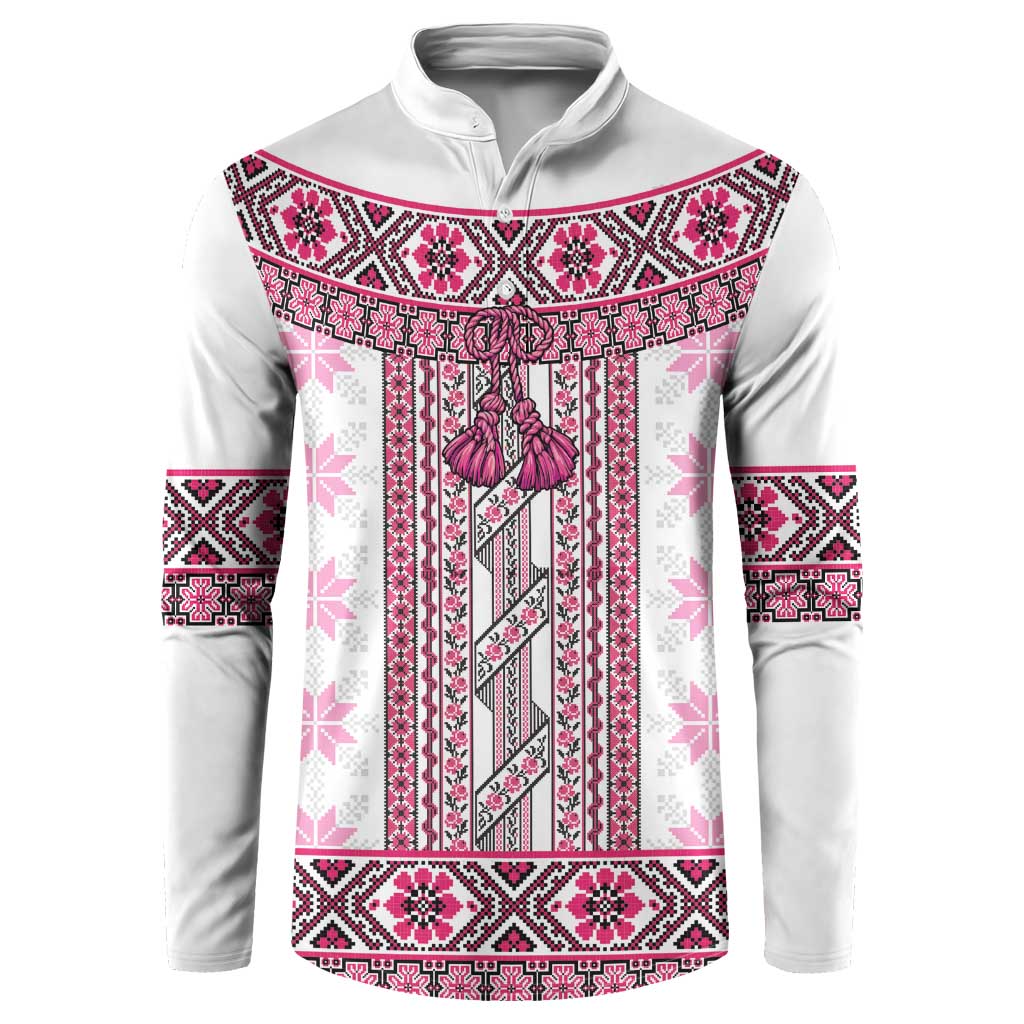 Ukraine Button Sweatshirt Traditional Braided Rope Belt Pink Folk Pattern