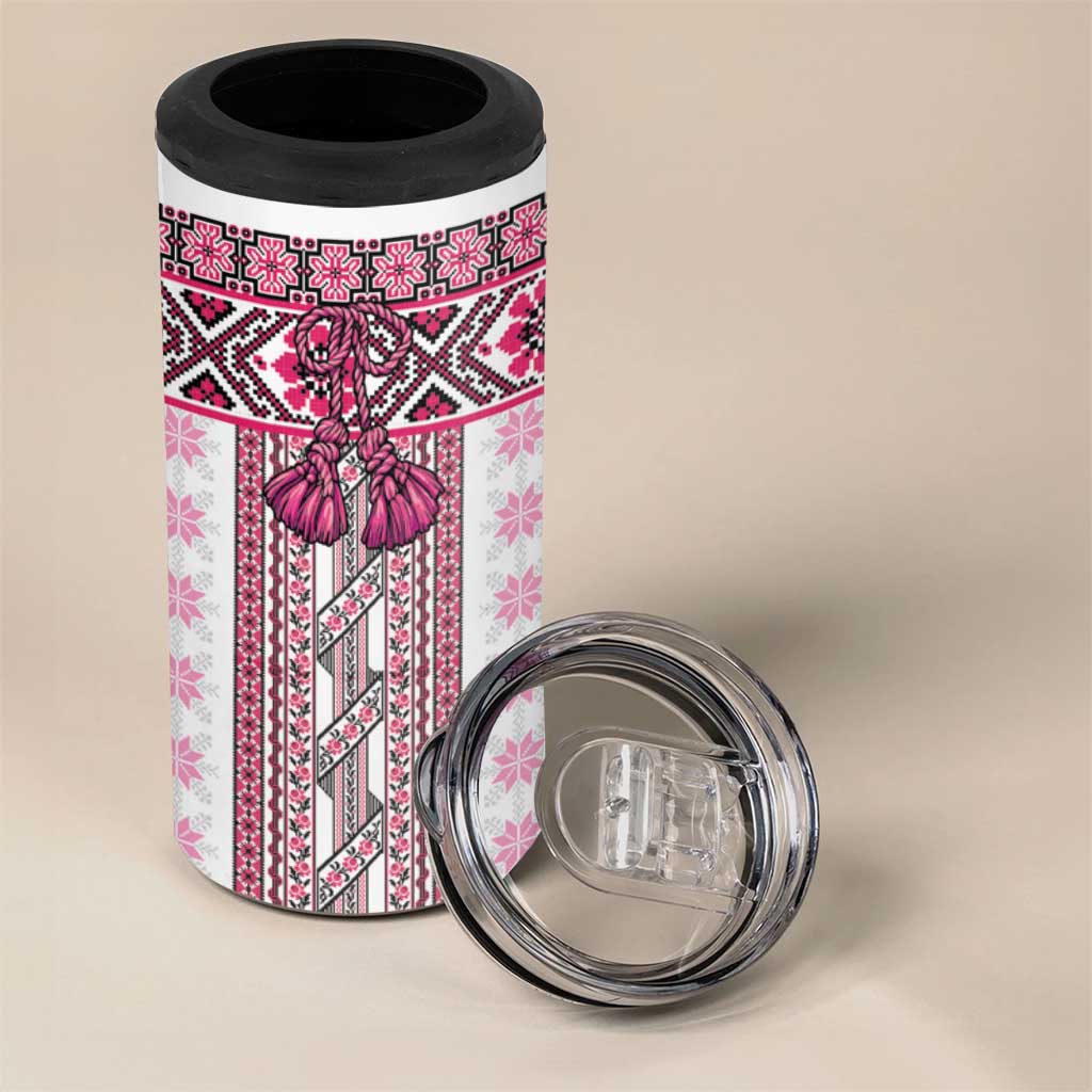 Ukraine 4 in 1 Can Cooler Tumbler Traditional Braided Rope Belt Pink Folk Pattern