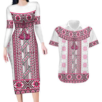 Ukraine Couples Matching Long Sleeve Bodycon Dress and Hawaiian Shirt Traditional Braided Rope Belt Pink Folk Pattern