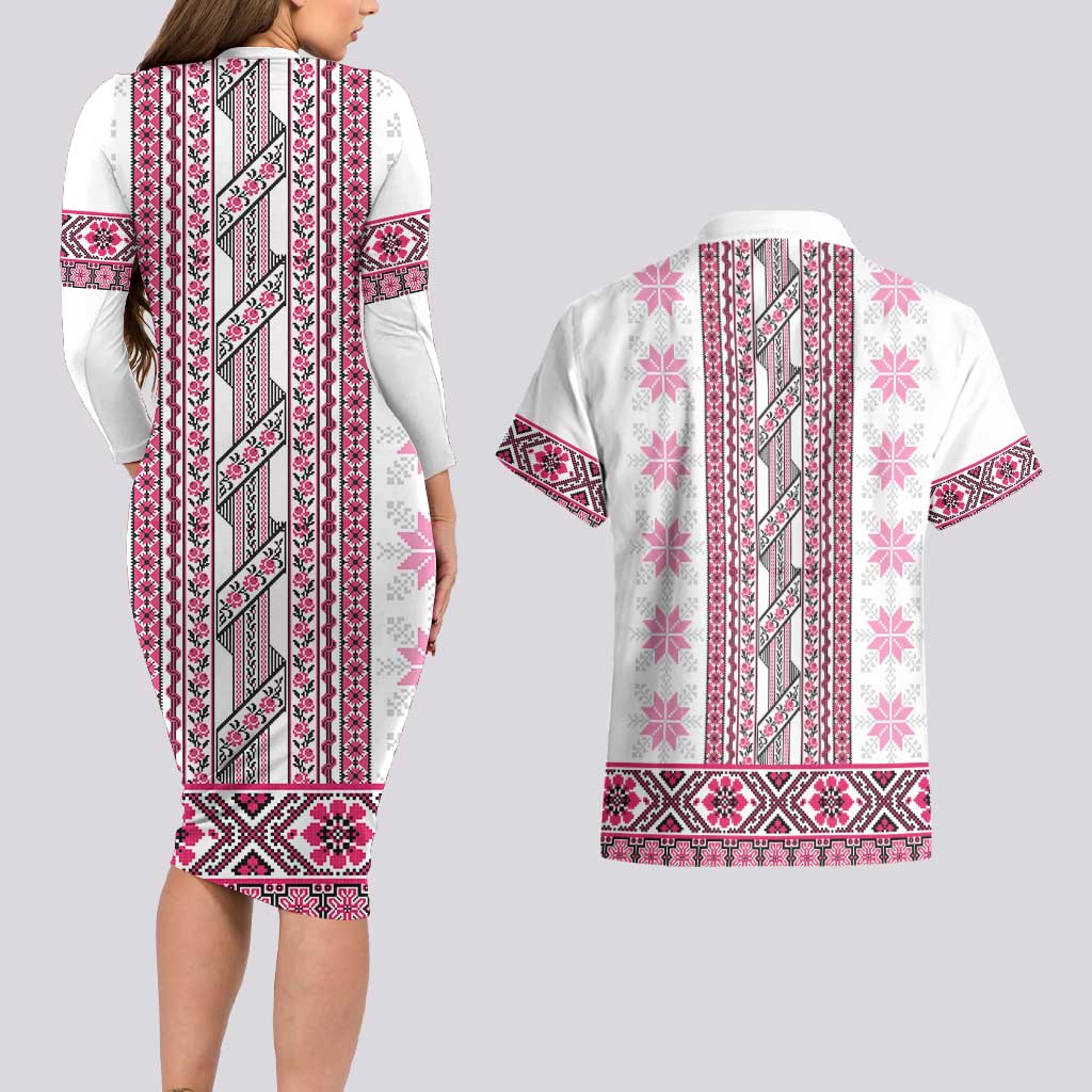 Ukraine Couples Matching Long Sleeve Bodycon Dress and Hawaiian Shirt Traditional Braided Rope Belt Pink Folk Pattern
