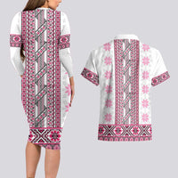 Ukraine Couples Matching Long Sleeve Bodycon Dress and Hawaiian Shirt Traditional Braided Rope Belt Pink Folk Pattern