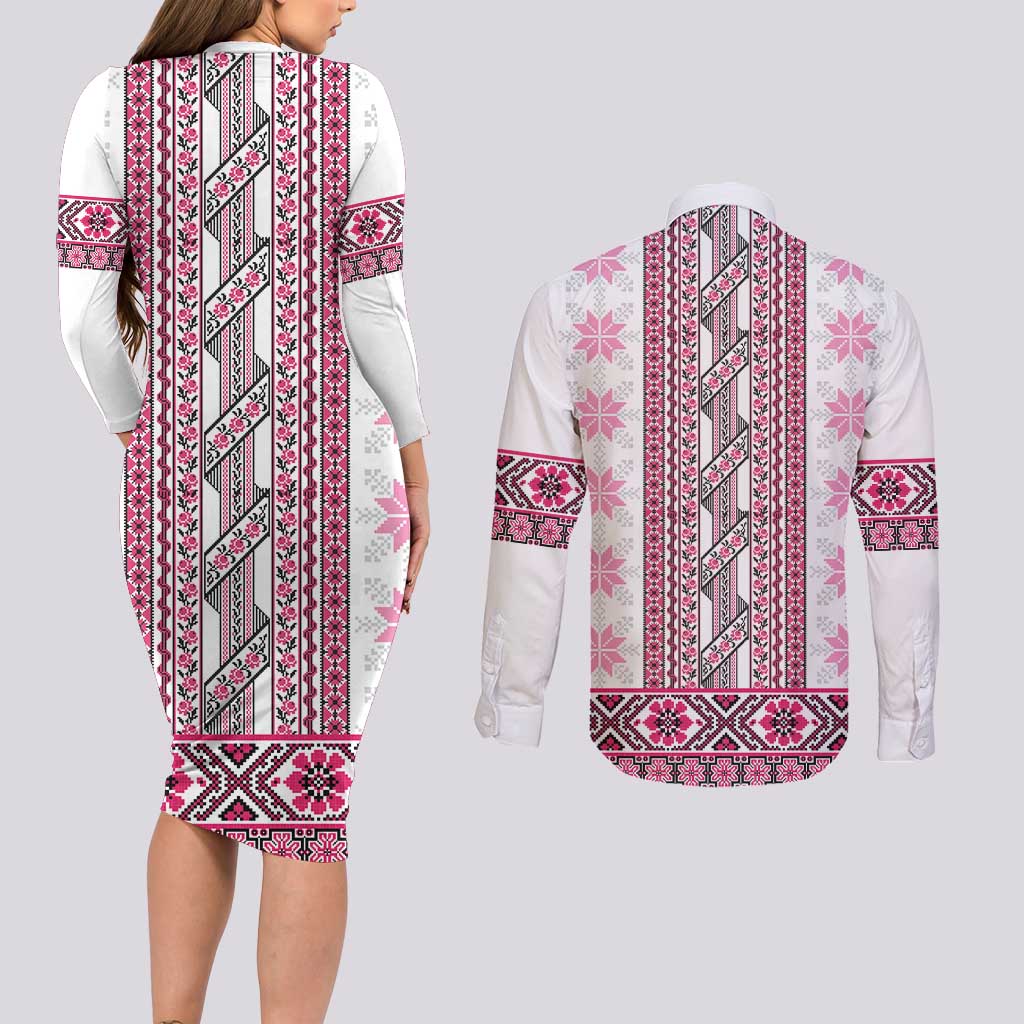 Ukraine Couples Matching Long Sleeve Bodycon Dress and Long Sleeve Button Shirt Traditional Braided Rope Belt Pink Folk Pattern