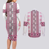Ukraine Couples Matching Long Sleeve Bodycon Dress and Long Sleeve Button Shirt Traditional Braided Rope Belt Pink Folk Pattern