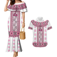 Ukraine Couples Matching Mermaid Dress and Hawaiian Shirt Traditional Braided Rope Belt Pink Folk Pattern