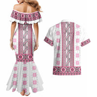 Ukraine Couples Matching Mermaid Dress and Hawaiian Shirt Traditional Braided Rope Belt Pink Folk Pattern