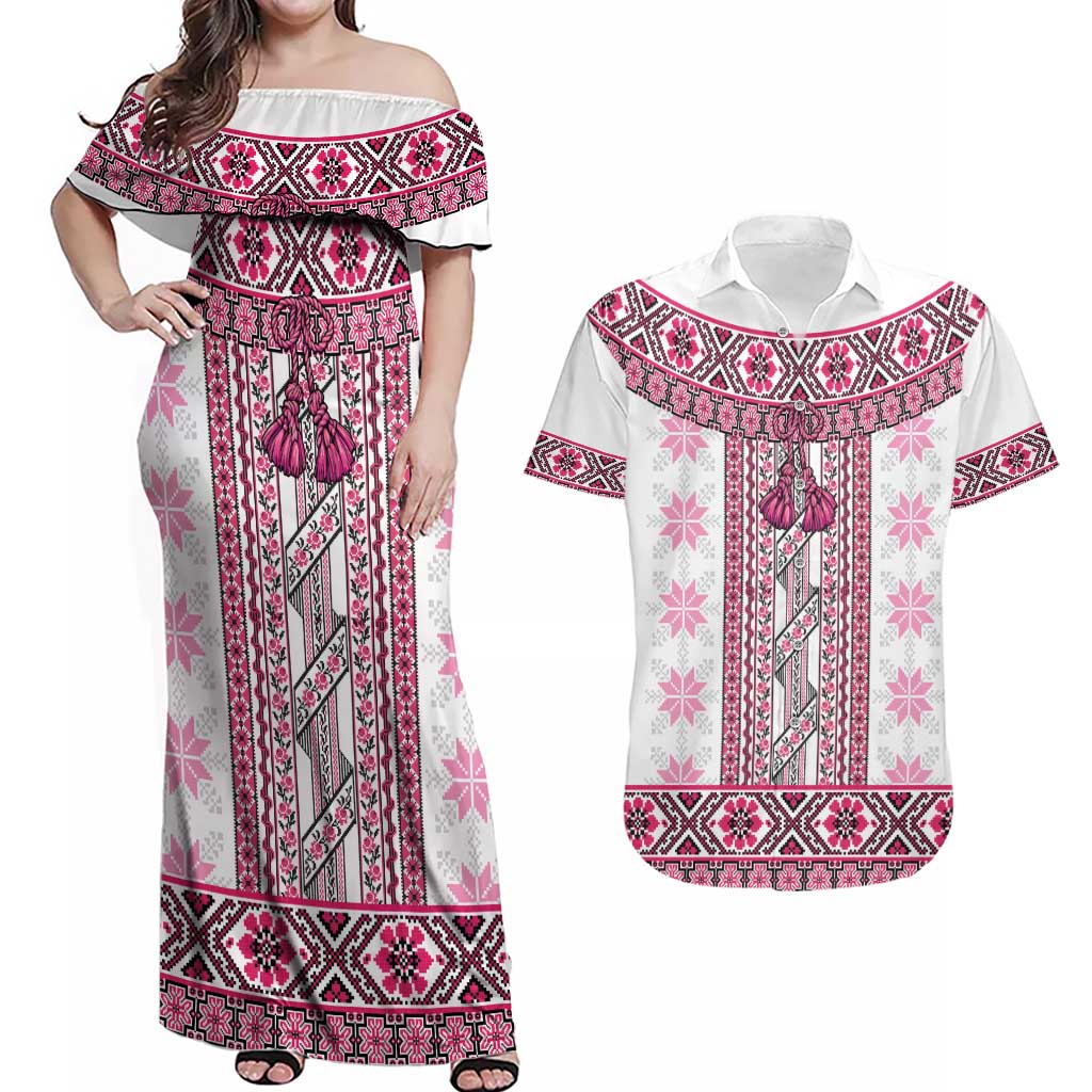 Ukraine Couples Matching Off Shoulder Maxi Dress and Hawaiian Shirt Traditional Braided Rope Belt Pink Folk Pattern