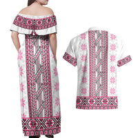 Ukraine Couples Matching Off Shoulder Maxi Dress and Hawaiian Shirt Traditional Braided Rope Belt Pink Folk Pattern