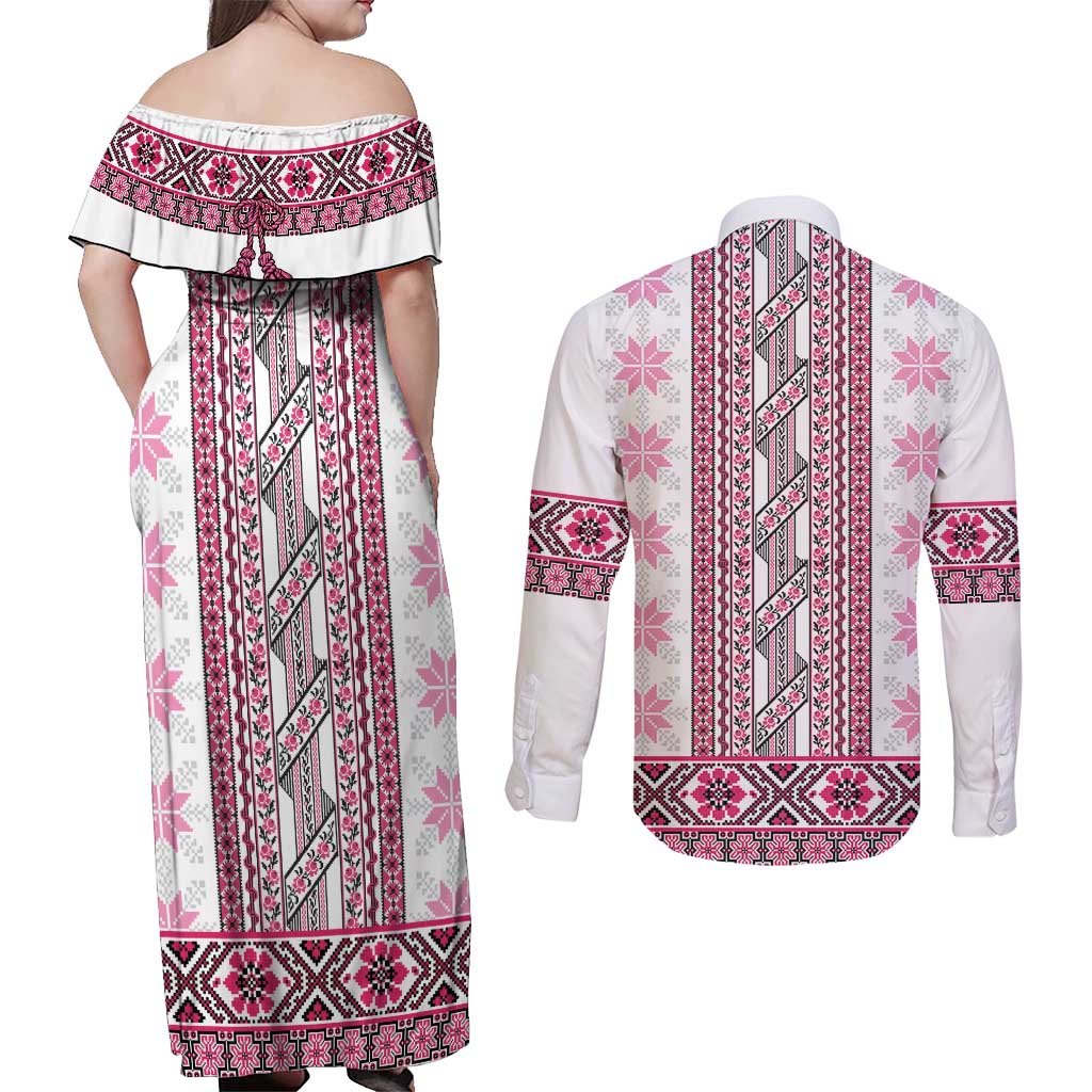 Ukraine Couples Matching Off Shoulder Maxi Dress and Long Sleeve Button Shirt Traditional Braided Rope Belt Pink Folk Pattern