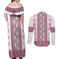 Ukraine Couples Matching Off Shoulder Maxi Dress and Long Sleeve Button Shirt Traditional Braided Rope Belt Pink Folk Pattern