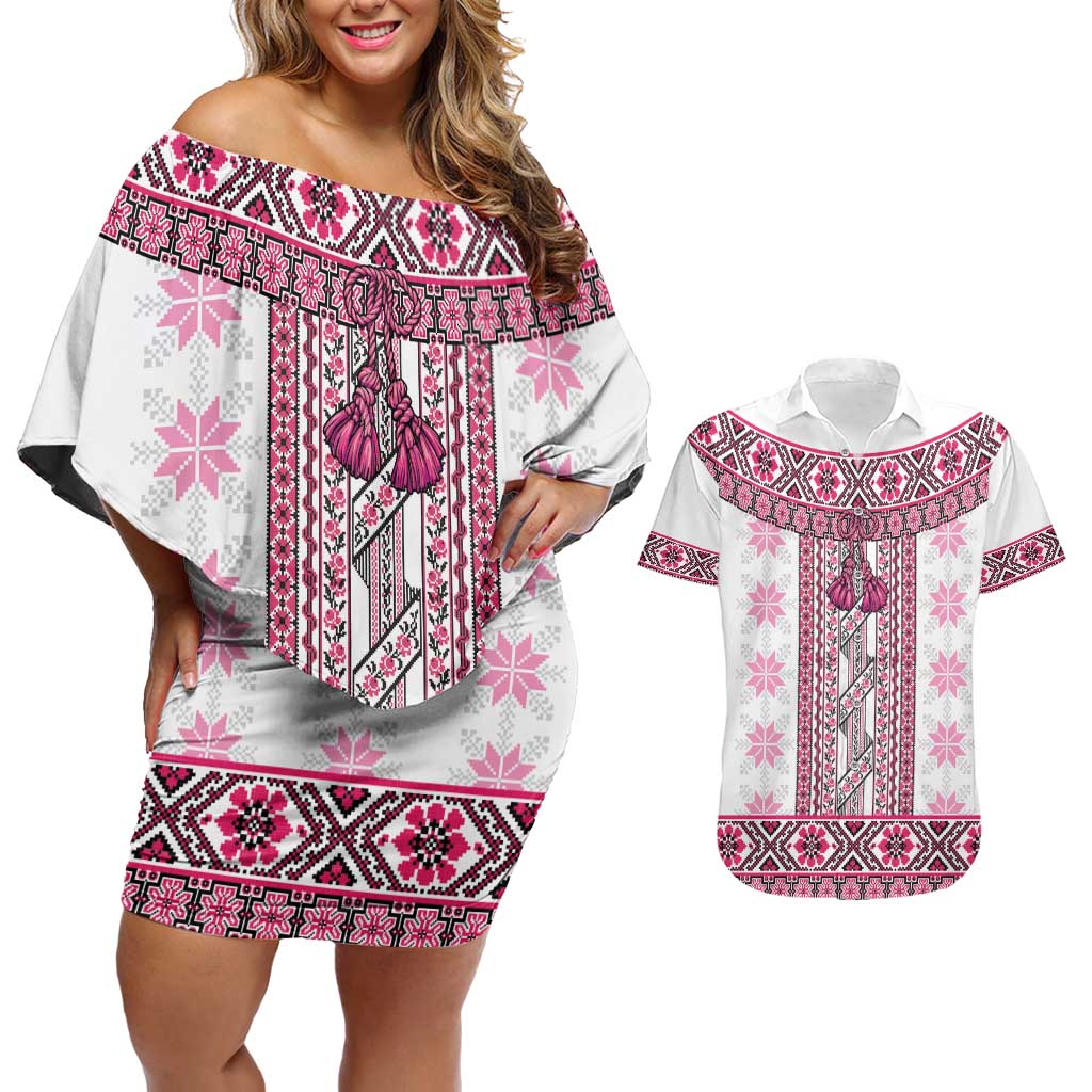 Ukraine Couples Matching Off Shoulder Short Dress and Hawaiian Shirt Traditional Braided Rope Belt Pink Folk Pattern