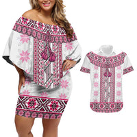 Ukraine Couples Matching Off Shoulder Short Dress and Hawaiian Shirt Traditional Braided Rope Belt Pink Folk Pattern