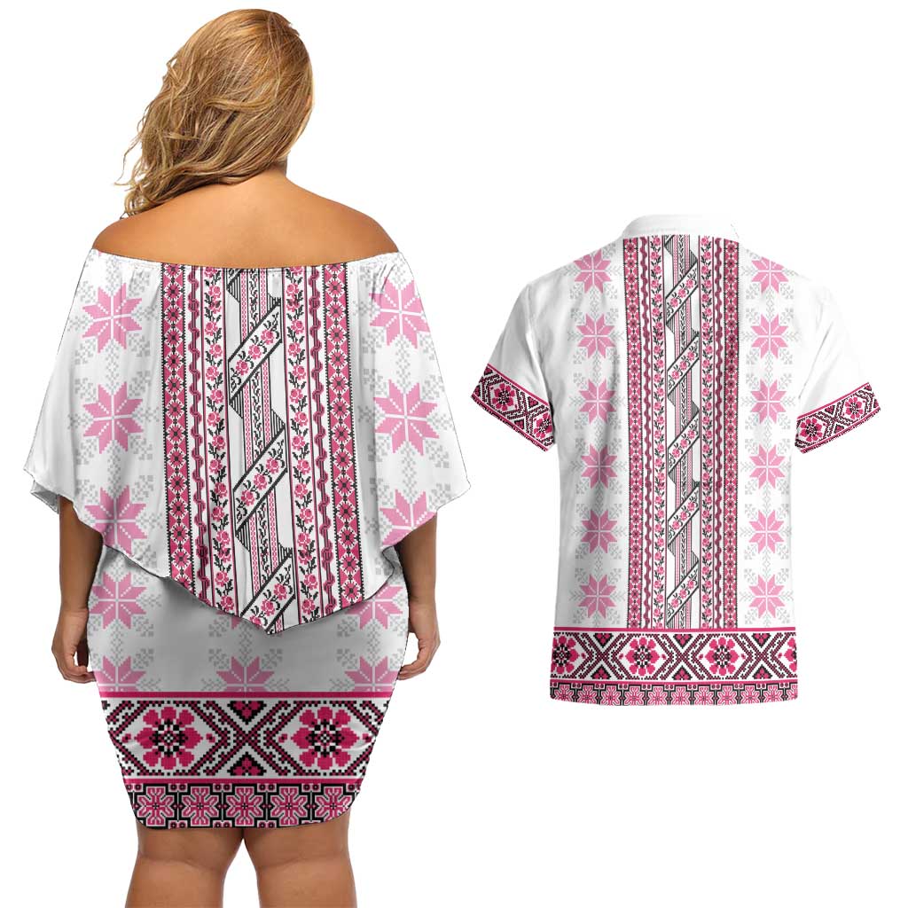 Ukraine Couples Matching Off Shoulder Short Dress and Hawaiian Shirt Traditional Braided Rope Belt Pink Folk Pattern