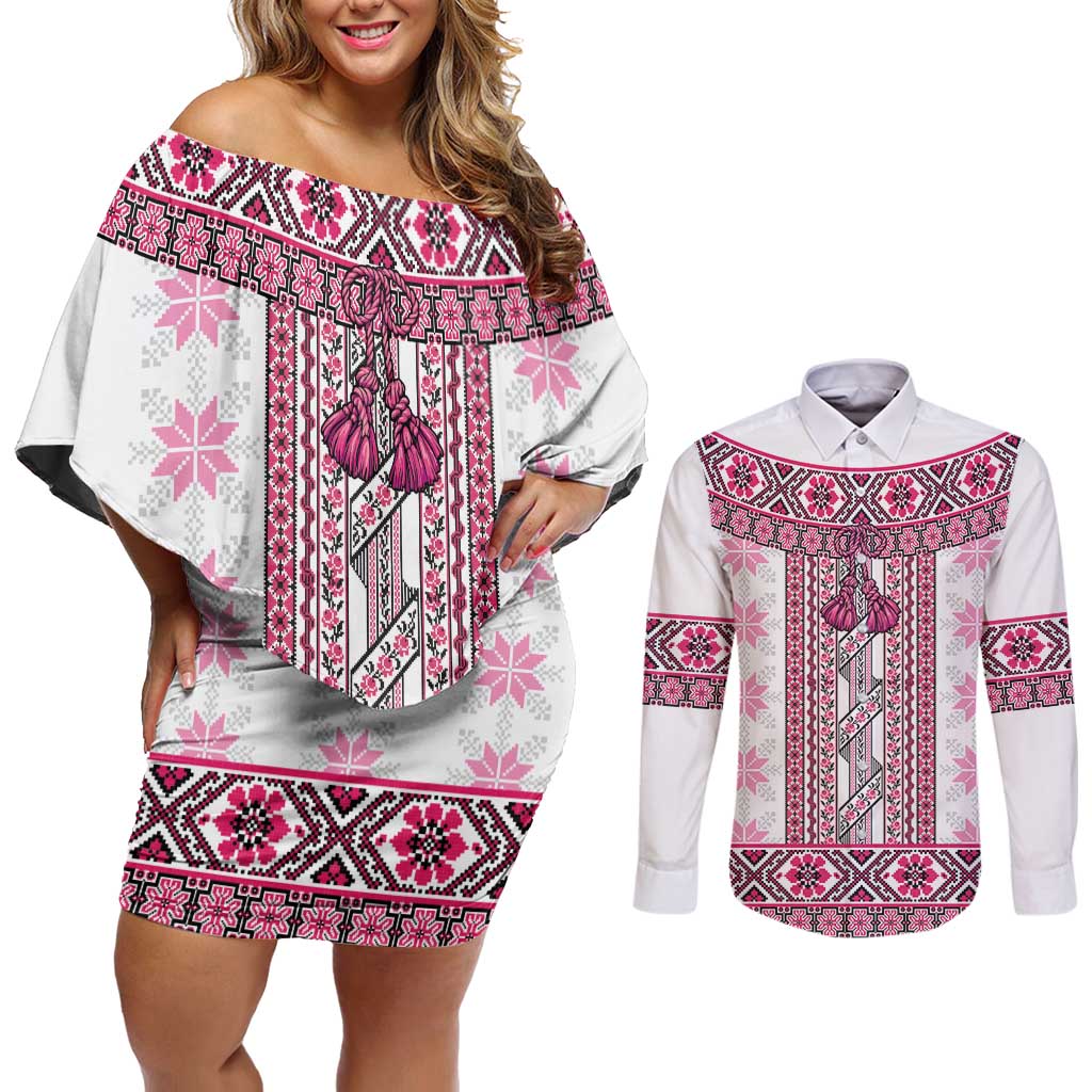 Ukraine Couples Matching Off Shoulder Short Dress and Long Sleeve Button Shirt Traditional Braided Rope Belt Pink Folk Pattern