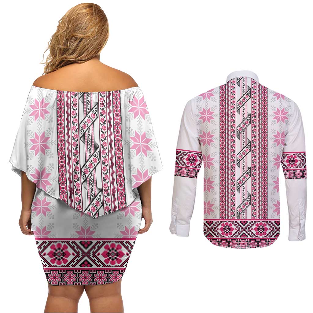 Ukraine Couples Matching Off Shoulder Short Dress and Long Sleeve Button Shirt Traditional Braided Rope Belt Pink Folk Pattern
