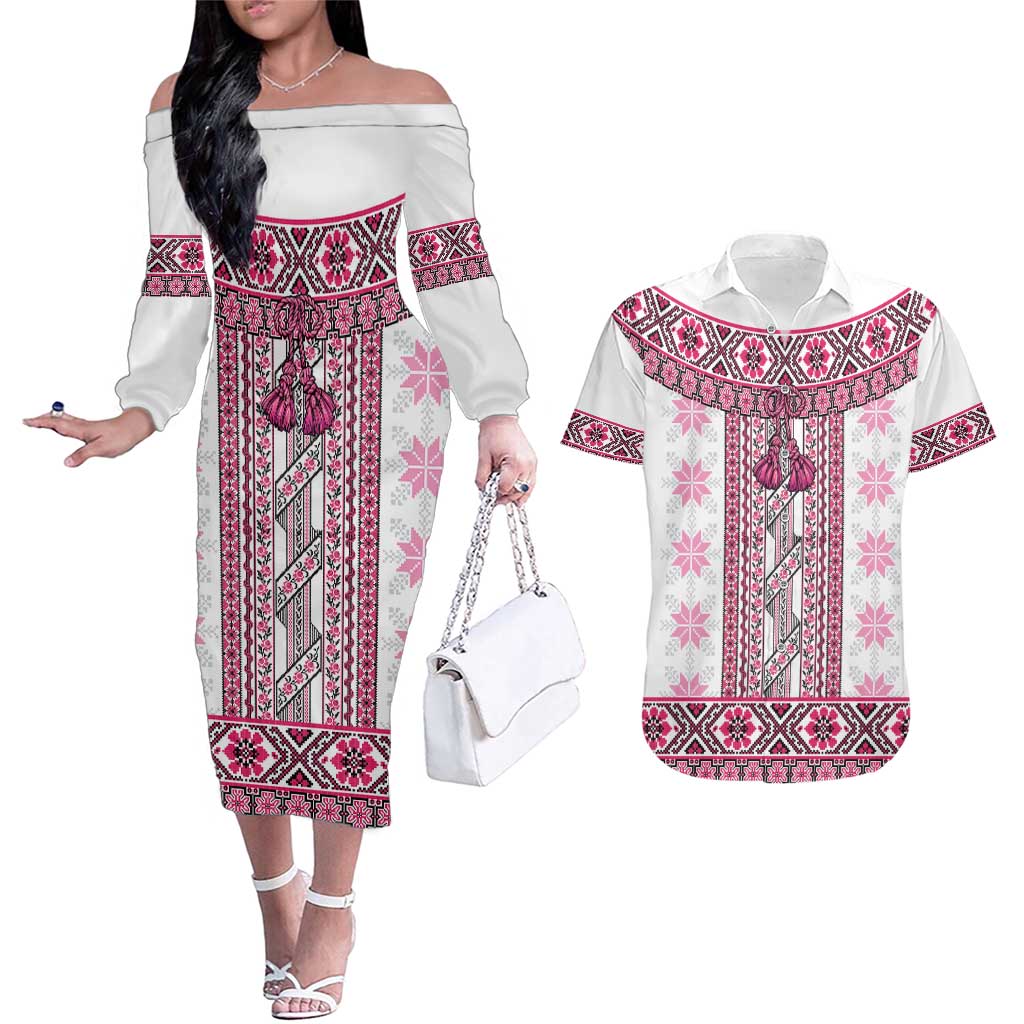 Ukraine Couples Matching Off The Shoulder Long Sleeve Dress and Hawaiian Shirt Traditional Braided Rope Belt Pink Folk Pattern