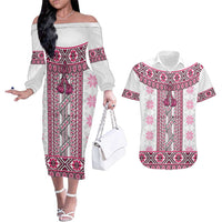 Ukraine Couples Matching Off The Shoulder Long Sleeve Dress and Hawaiian Shirt Traditional Braided Rope Belt Pink Folk Pattern