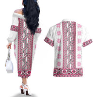 Ukraine Couples Matching Off The Shoulder Long Sleeve Dress and Hawaiian Shirt Traditional Braided Rope Belt Pink Folk Pattern