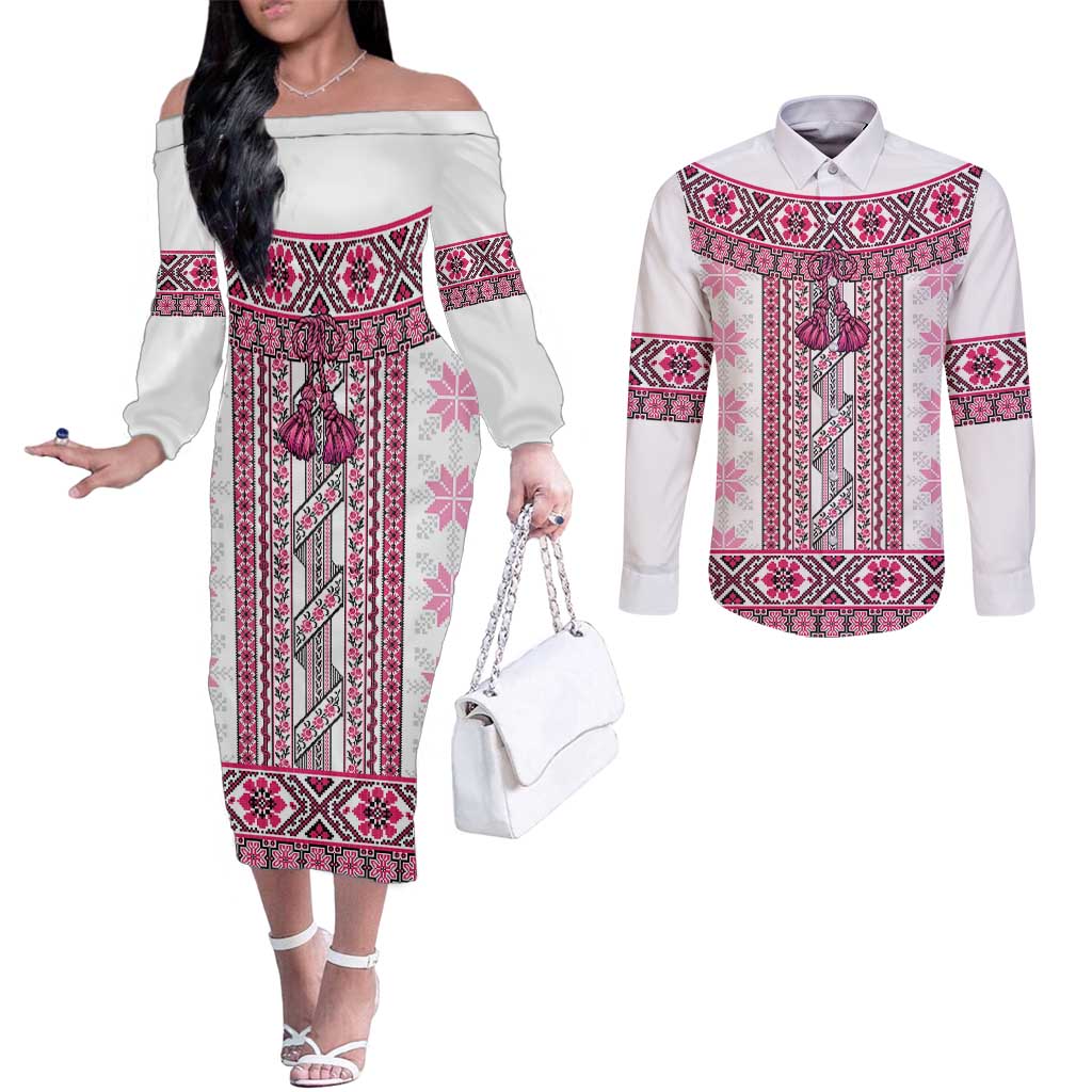 Ukraine Couples Matching Off The Shoulder Long Sleeve Dress and Long Sleeve Button Shirt Traditional Braided Rope Belt Pink Folk Pattern