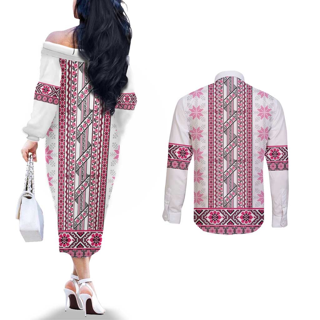 Ukraine Couples Matching Off The Shoulder Long Sleeve Dress and Long Sleeve Button Shirt Traditional Braided Rope Belt Pink Folk Pattern