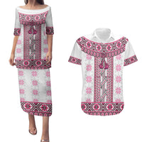 Ukraine Couples Matching Puletasi and Hawaiian Shirt Traditional Braided Rope Belt Pink Folk Pattern