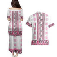 Ukraine Couples Matching Puletasi and Hawaiian Shirt Traditional Braided Rope Belt Pink Folk Pattern