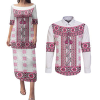 Ukraine Couples Matching Puletasi and Long Sleeve Button Shirt Traditional Braided Rope Belt Pink Folk Pattern