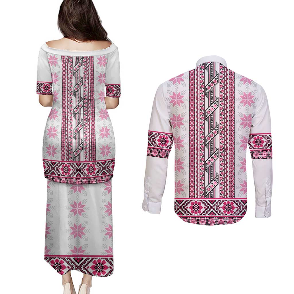 Ukraine Couples Matching Puletasi and Long Sleeve Button Shirt Traditional Braided Rope Belt Pink Folk Pattern