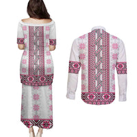 Ukraine Couples Matching Puletasi and Long Sleeve Button Shirt Traditional Braided Rope Belt Pink Folk Pattern