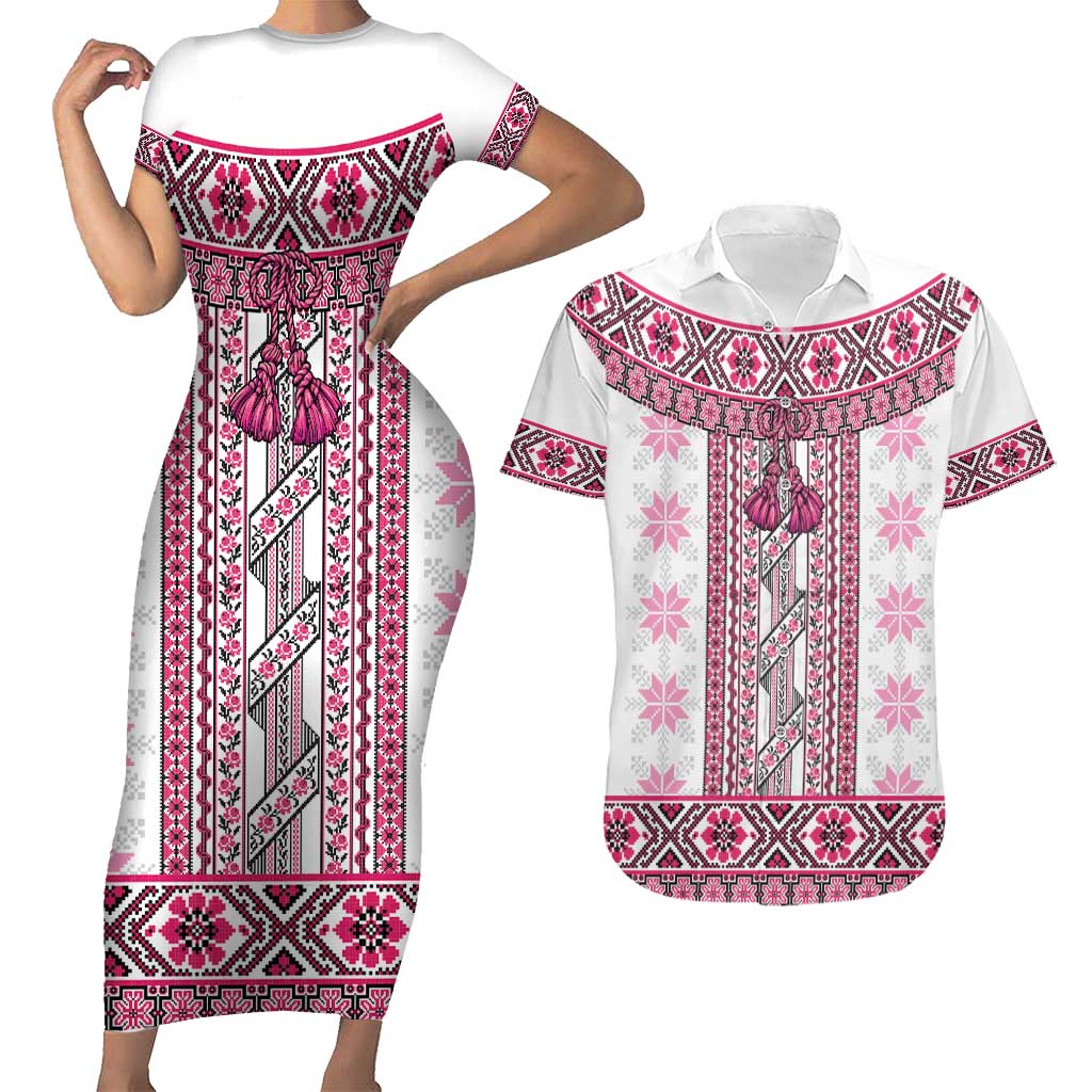 Ukraine Couples Matching Short Sleeve Bodycon Dress and Hawaiian Shirt Traditional Braided Rope Belt Pink Folk Pattern