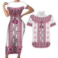 Ukraine Couples Matching Short Sleeve Bodycon Dress and Hawaiian Shirt Traditional Braided Rope Belt Pink Folk Pattern