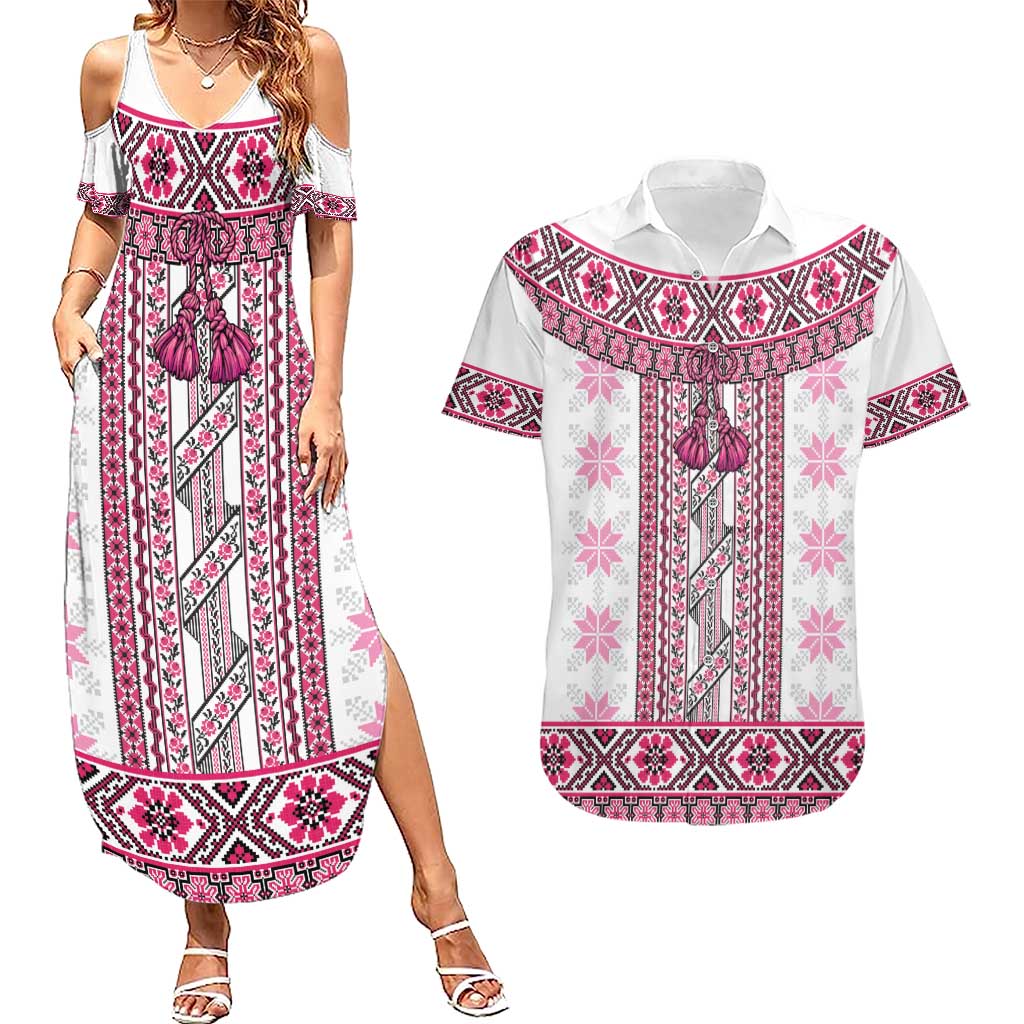Ukraine Couples Matching Summer Maxi Dress and Hawaiian Shirt Traditional Braided Rope Belt Pink Folk Pattern