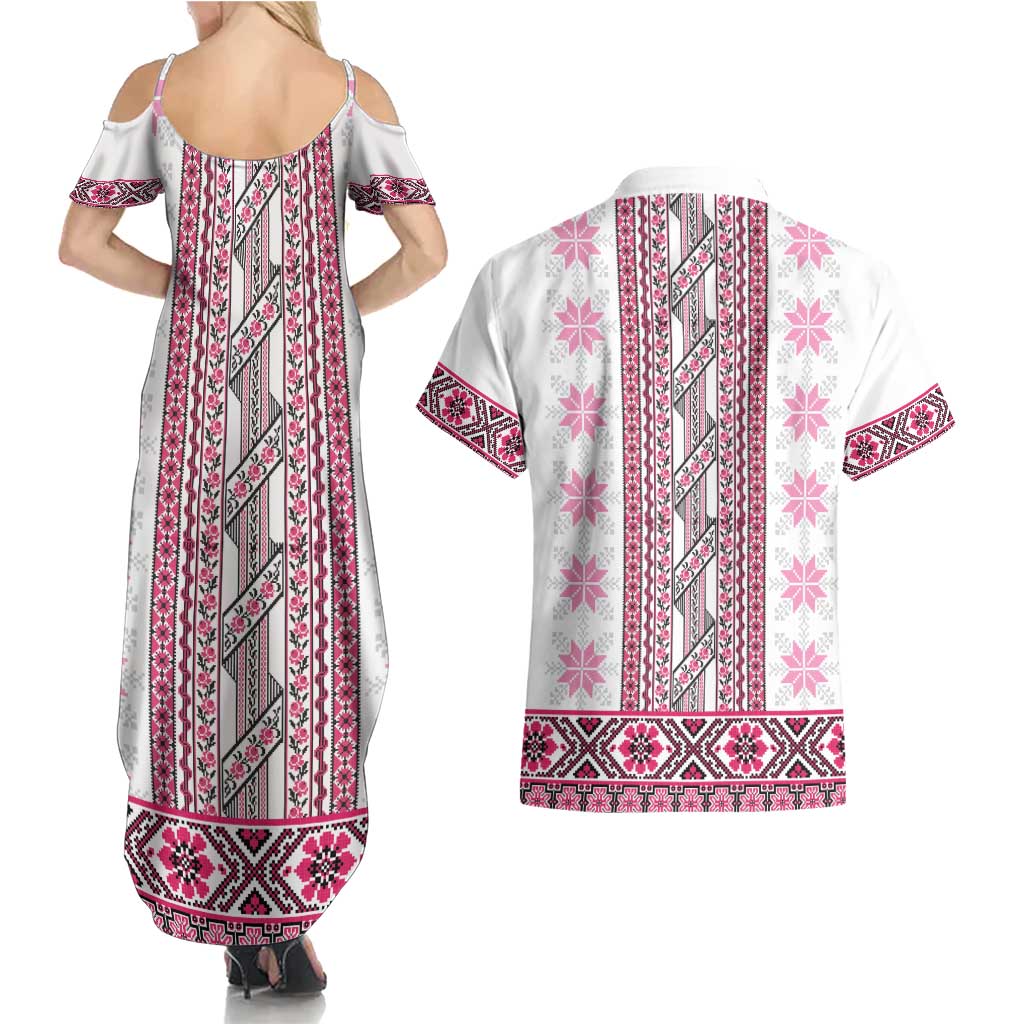 Ukraine Couples Matching Summer Maxi Dress and Hawaiian Shirt Traditional Braided Rope Belt Pink Folk Pattern