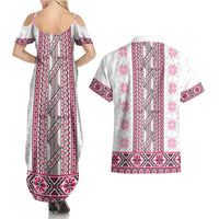 Ukraine Couples Matching Summer Maxi Dress and Hawaiian Shirt Traditional Braided Rope Belt Pink Folk Pattern