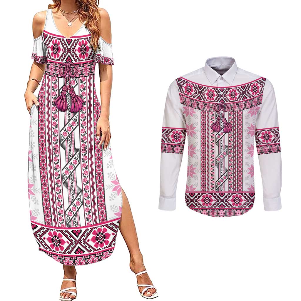 Ukraine Couples Matching Summer Maxi Dress and Long Sleeve Button Shirt Traditional Braided Rope Belt Pink Folk Pattern