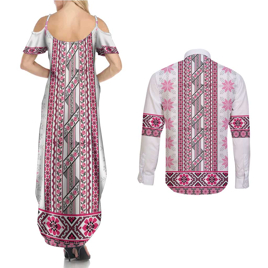 Ukraine Couples Matching Summer Maxi Dress and Long Sleeve Button Shirt Traditional Braided Rope Belt Pink Folk Pattern