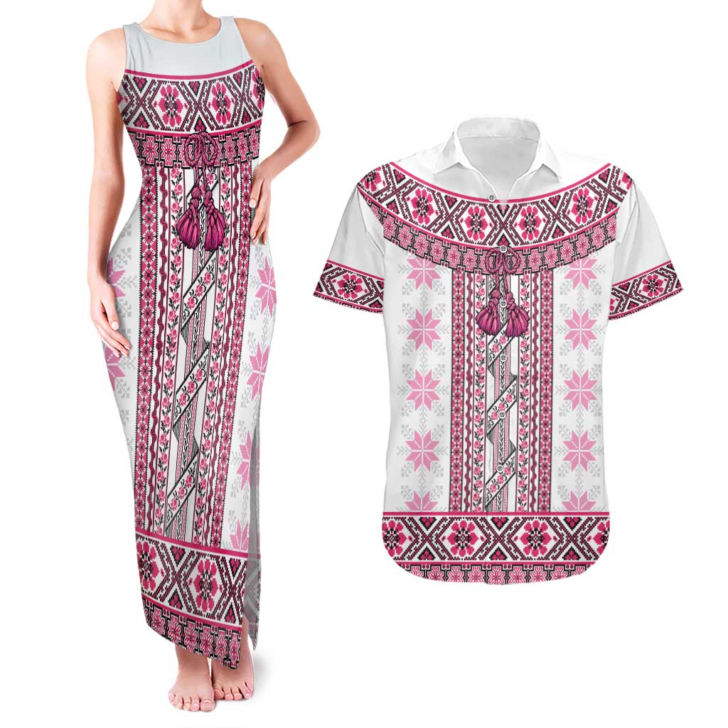 Ukraine Couples Matching Tank Maxi Dress and Hawaiian Shirt Traditional Braided Rope Belt Pink Folk Pattern