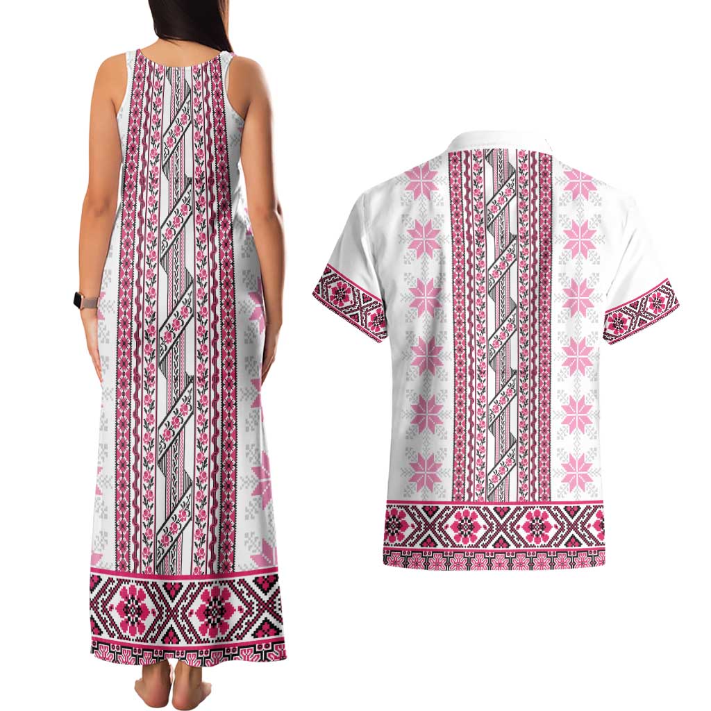 Ukraine Couples Matching Tank Maxi Dress and Hawaiian Shirt Traditional Braided Rope Belt Pink Folk Pattern