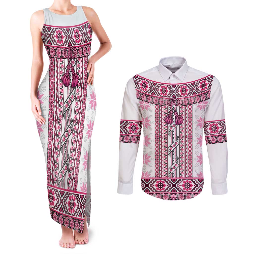 Ukraine Couples Matching Tank Maxi Dress and Long Sleeve Button Shirt Traditional Braided Rope Belt Pink Folk Pattern