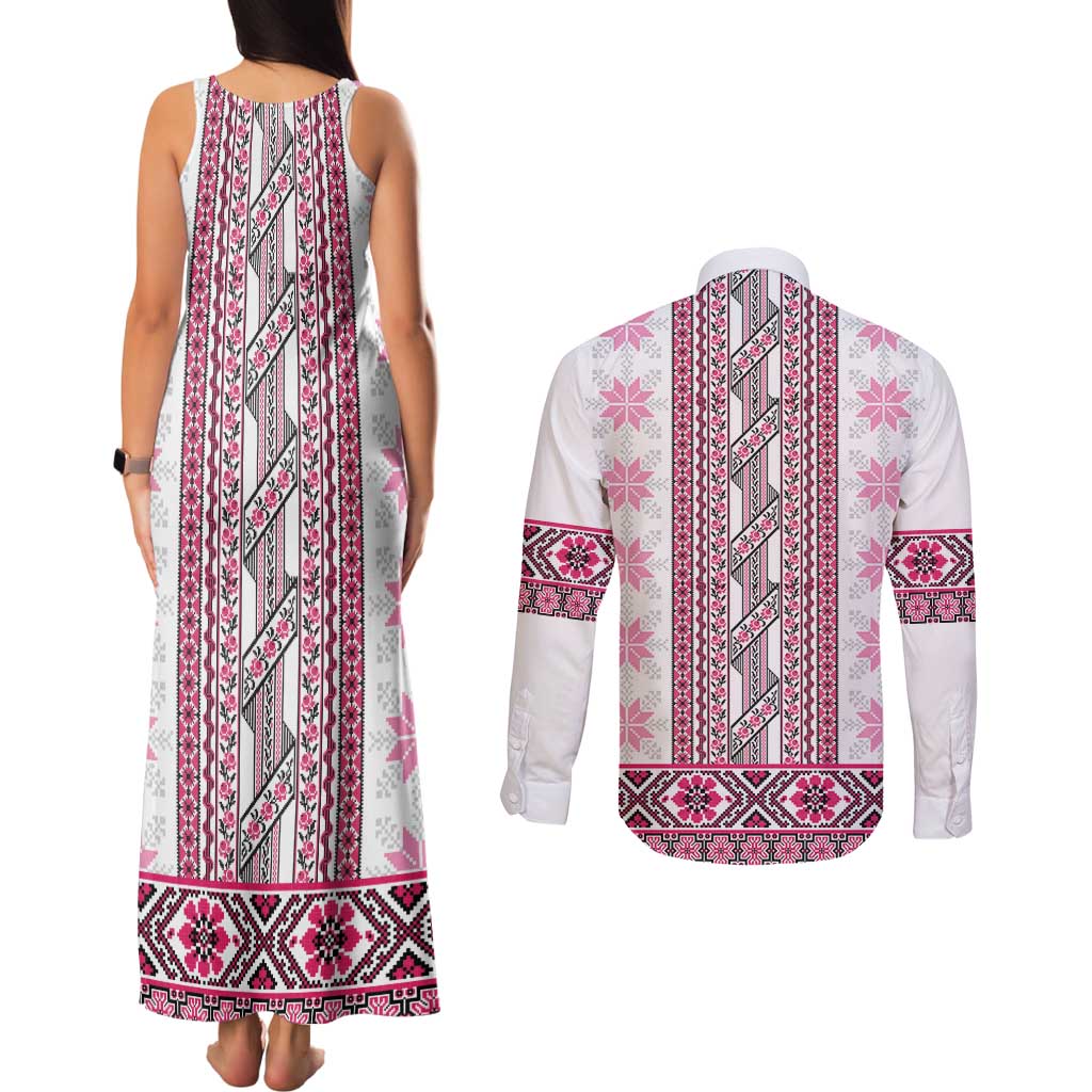 Ukraine Couples Matching Tank Maxi Dress and Long Sleeve Button Shirt Traditional Braided Rope Belt Pink Folk Pattern
