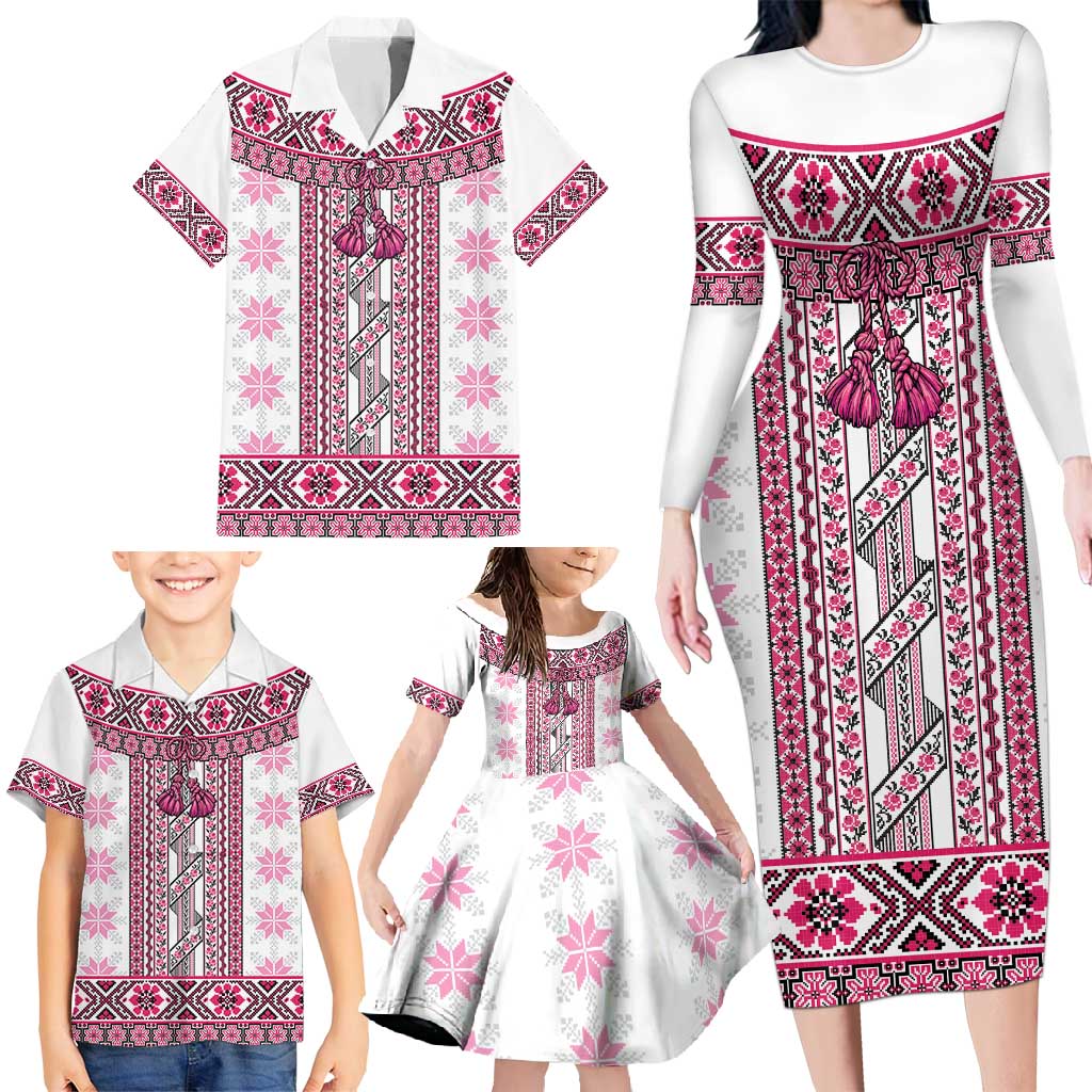 Ukraine Family Matching Long Sleeve Bodycon Dress and Hawaiian Shirt Traditional Braided Rope Belt Pink Folk Pattern
