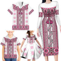 Ukraine Family Matching Long Sleeve Bodycon Dress and Hawaiian Shirt Traditional Braided Rope Belt Pink Folk Pattern