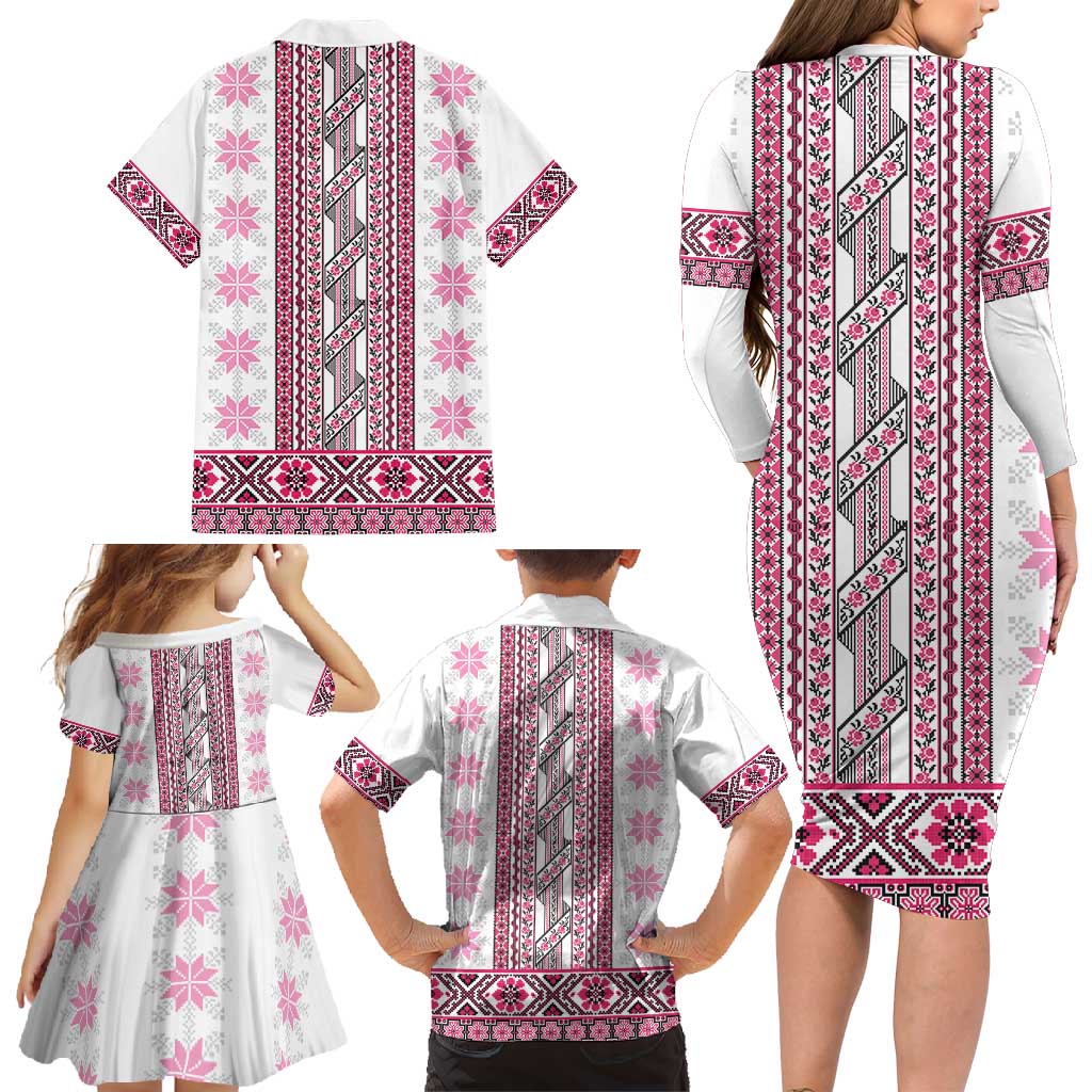 Ukraine Family Matching Long Sleeve Bodycon Dress and Hawaiian Shirt Traditional Braided Rope Belt Pink Folk Pattern