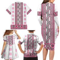 Ukraine Family Matching Long Sleeve Bodycon Dress and Hawaiian Shirt Traditional Braided Rope Belt Pink Folk Pattern
