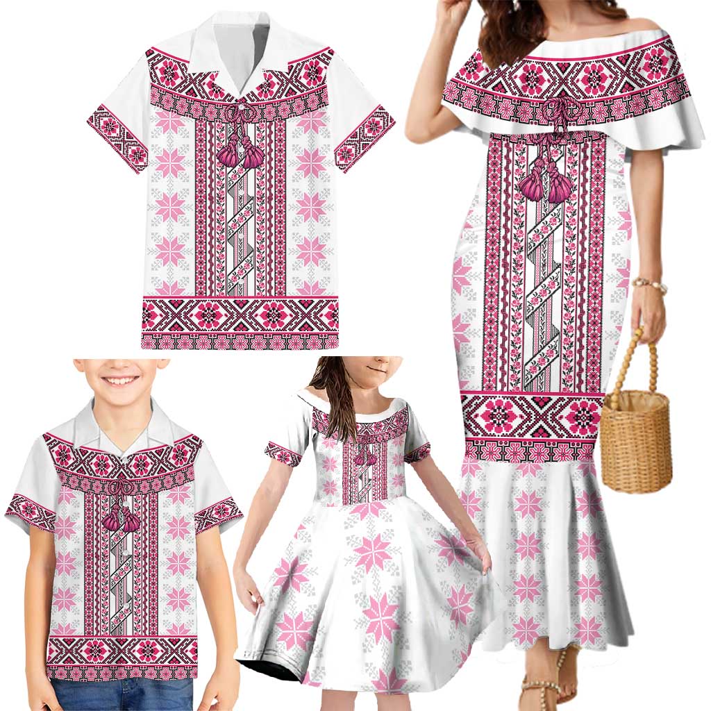 Ukraine Family Matching Mermaid Dress and Hawaiian Shirt Traditional Braided Rope Belt Pink Folk Pattern
