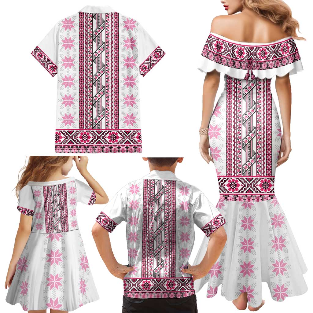 Ukraine Family Matching Mermaid Dress and Hawaiian Shirt Traditional Braided Rope Belt Pink Folk Pattern