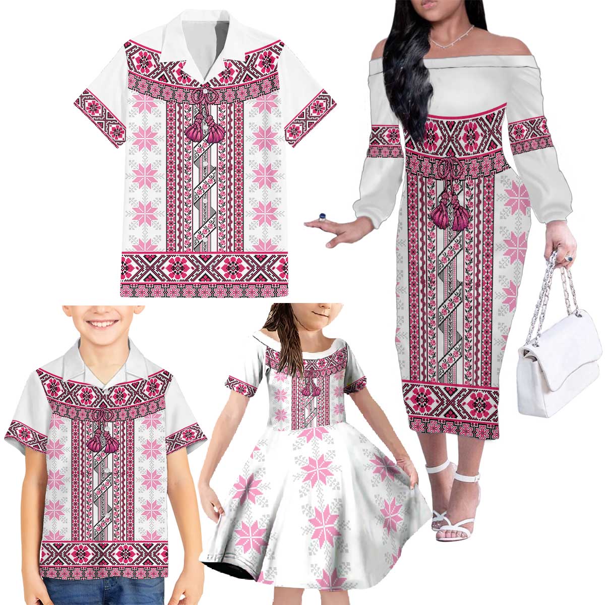 Ukraine Family Matching Off The Shoulder Long Sleeve Dress and Hawaiian Shirt Traditional Braided Rope Belt Pink Folk Pattern