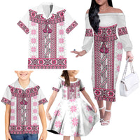 Ukraine Family Matching Off The Shoulder Long Sleeve Dress and Hawaiian Shirt Traditional Braided Rope Belt Pink Folk Pattern